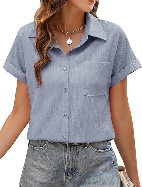 Womens Blouse Summer Tops Short Sleeve Blouse Button Down Tee Shirts V Neck Elegant Solid Color Work Casual Ladies Tops Loose Basic Tunic Tops