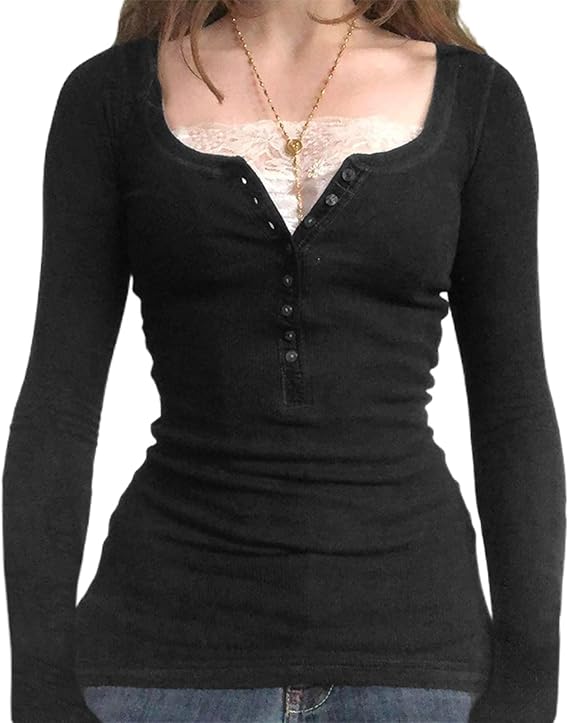 Womens Y2K Long Sleeve Ribbed Henley Top Lace Patchwork Striped Tight Fitted Fairy Grunge Vintage Casual Tees Shirts Clothes for Teens Girls