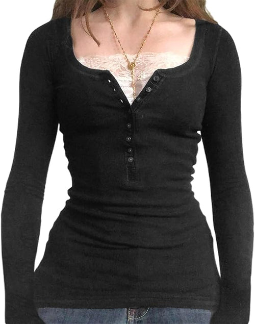 Womens Y2K Long Sleeve Ribbed Henley Top Lace Patchwork Striped Tight Fitted Fairy Grunge Vintage Casual Tees Shirts Clothes for Teens Girls