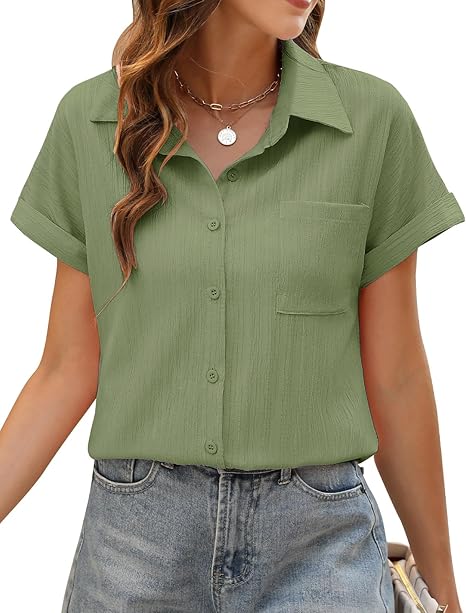 Womens Blouse Summer Tops Short Sleeve Blouse Button Down Tee Shirts V Neck Elegant Solid Color Work Casual Ladies Tops Loose Basic Tunic Tops