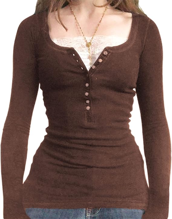 Womens Y2K Long Sleeve Ribbed Henley Top Lace Patchwork Striped Tight Fitted Fairy Grunge Vintage Casual Tees Shirts Clothes for Teens Girls