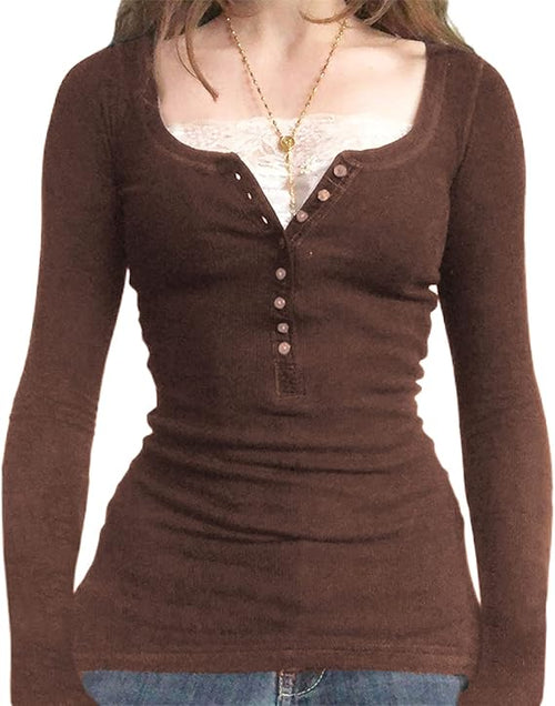Womens Y2K Long Sleeve Ribbed Henley Top Lace Patchwork Striped Tight Fitted Fairy Grunge Vintage Casual Tees Shirts Clothes for Teens Girls