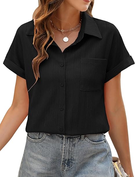 Womens Blouse Summer Tops Short Sleeve Blouse Button Down Tee Shirts V Neck Elegant Solid Color Work Casual Ladies Tops Loose Basic Tunic Tops