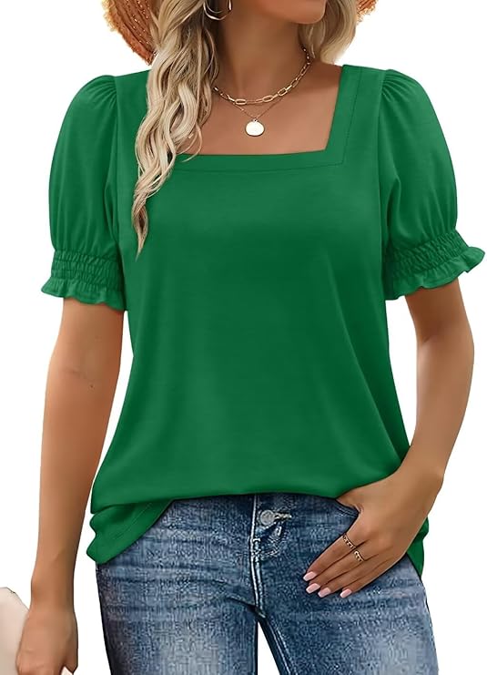 Summer Tops for Women Clothing Ladies Square Neck Shirts Ruffle Trim Clothes Short Sleeve Tshirt